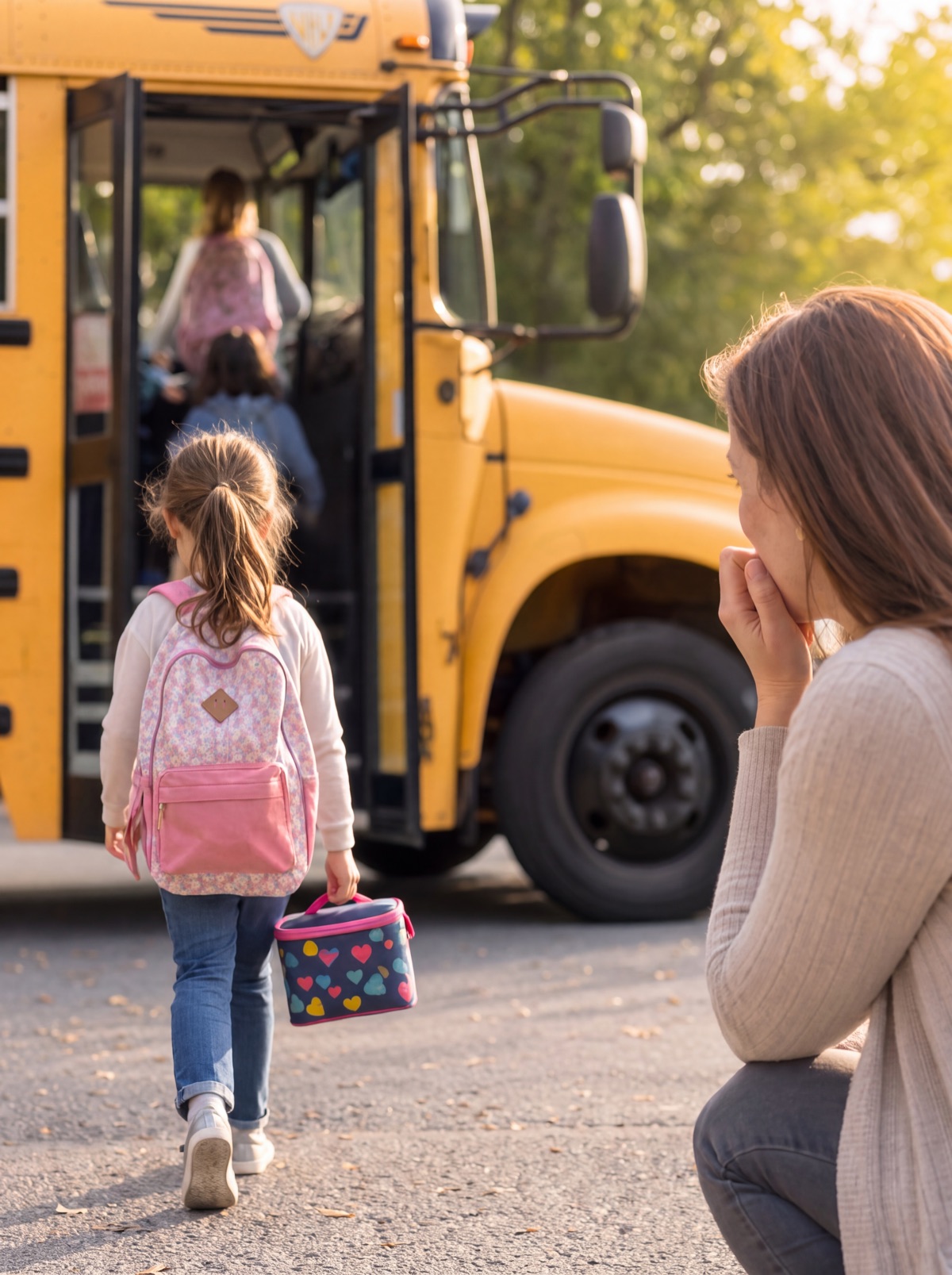 Mother watching her daughter board the school bus