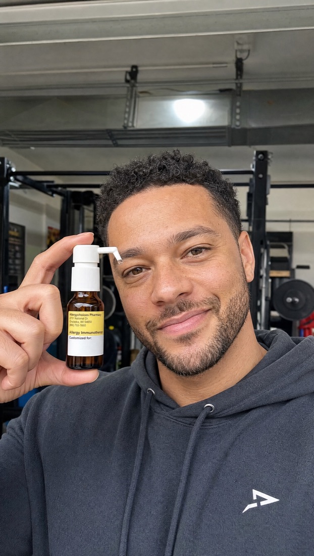 Curex member in his home gym holding his drops