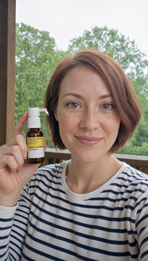 Curex member on her porch holding her drops