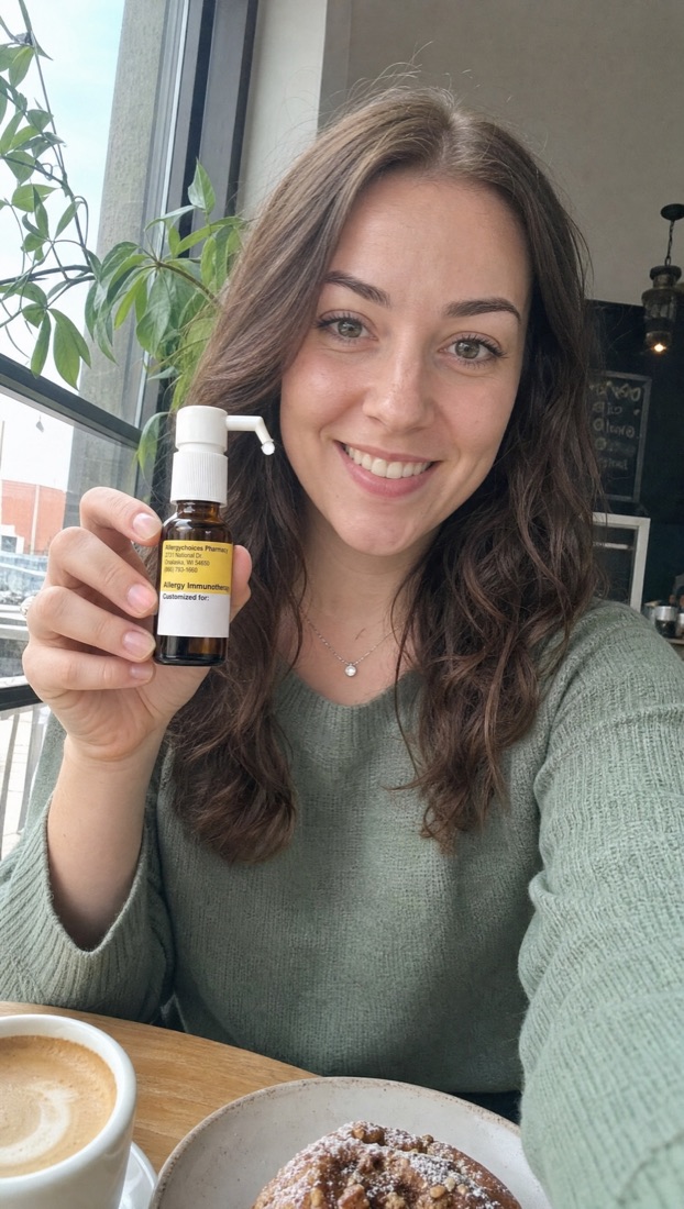 Curex member at a cafe holding her allergy drops