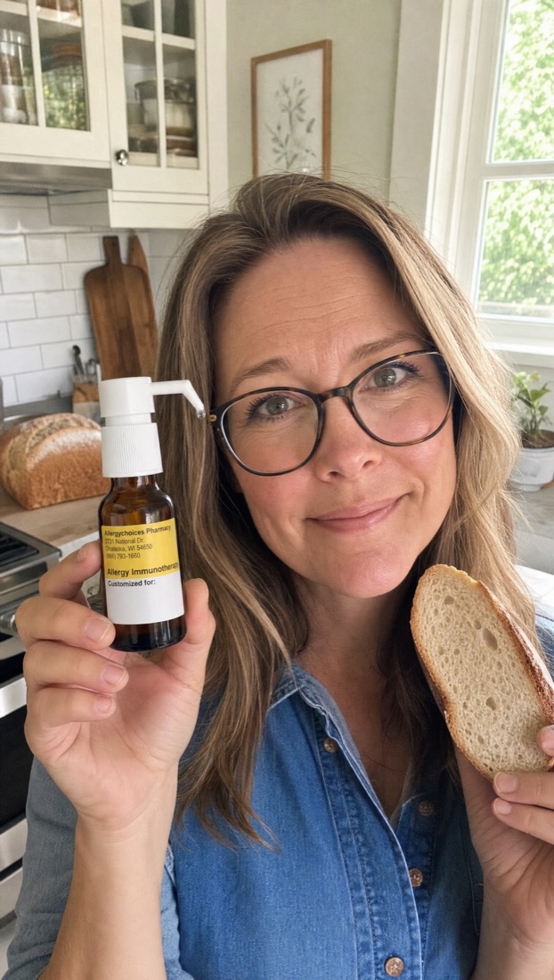 Curex member holding bread and her allergy drops